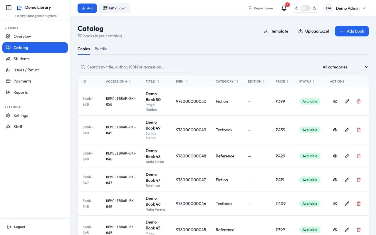 Catalog management screen