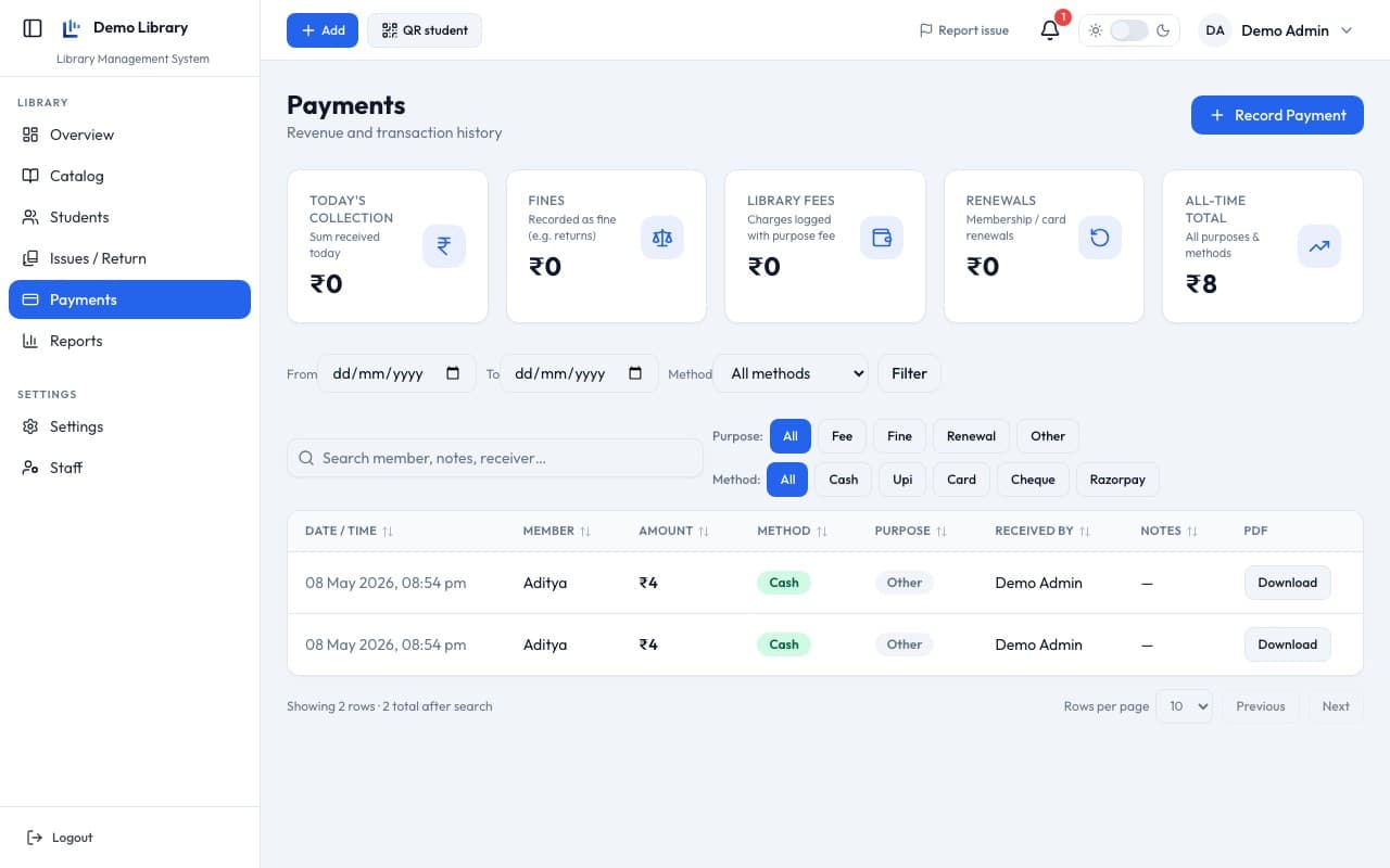 Payments screen